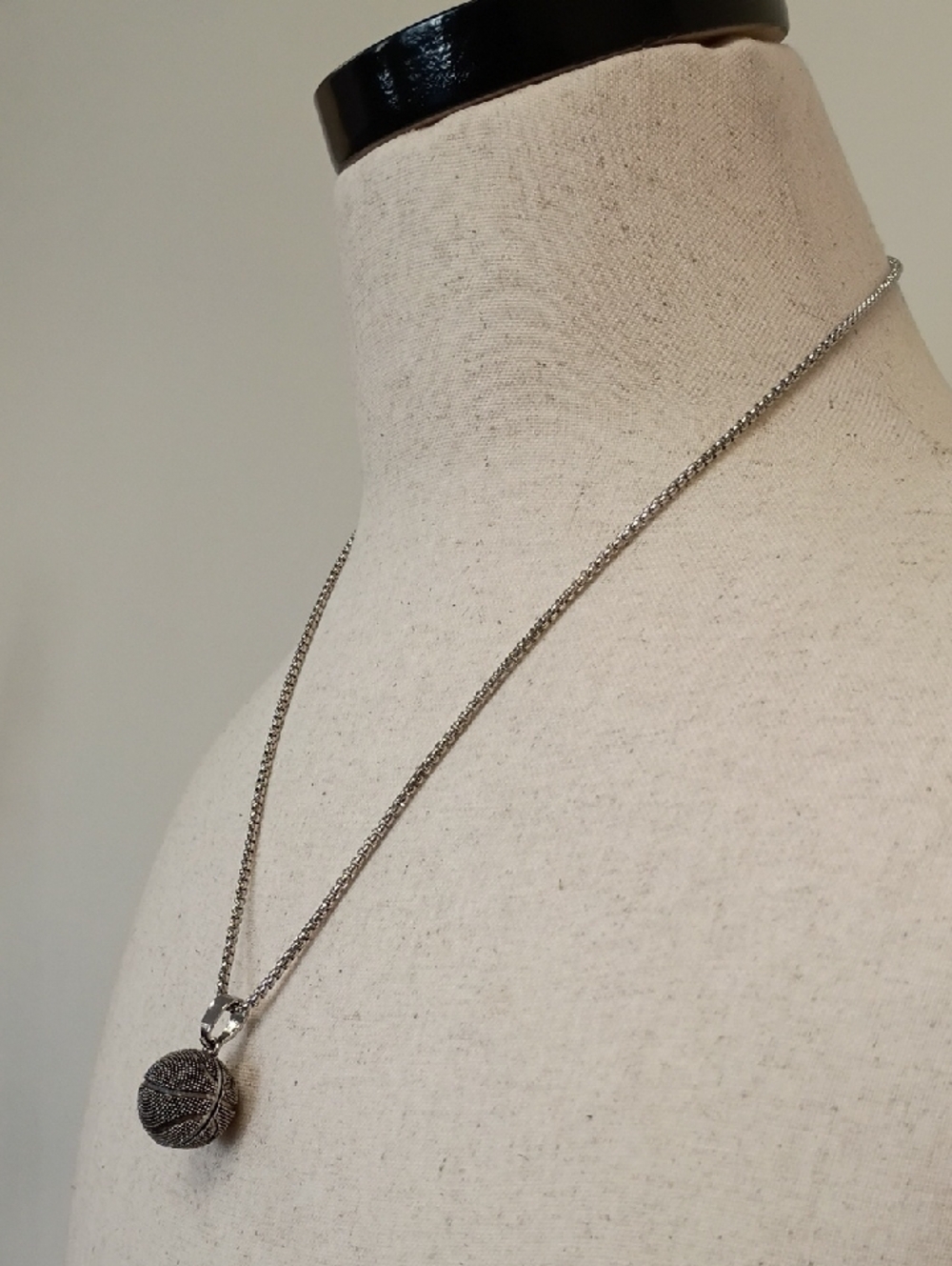 Silver Tone Pave Ball Pendant Necklace Chain Minimalist Layering Jewelry - Picture 5 of 7